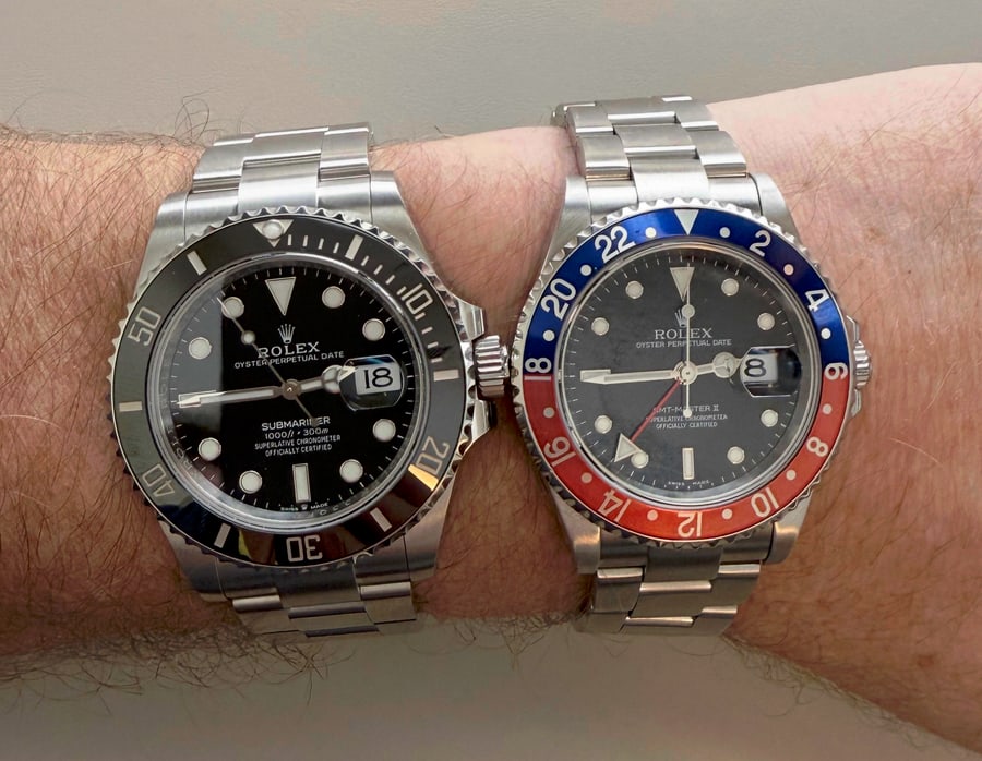 A Rolex 126610 Submariner and the 2005 Rolex 16710 GMT-Master II “Pepsi”, worn together