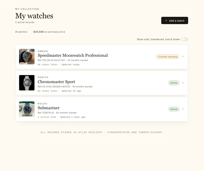 A collector’s dashboard showing owned and transferred watches with collection value