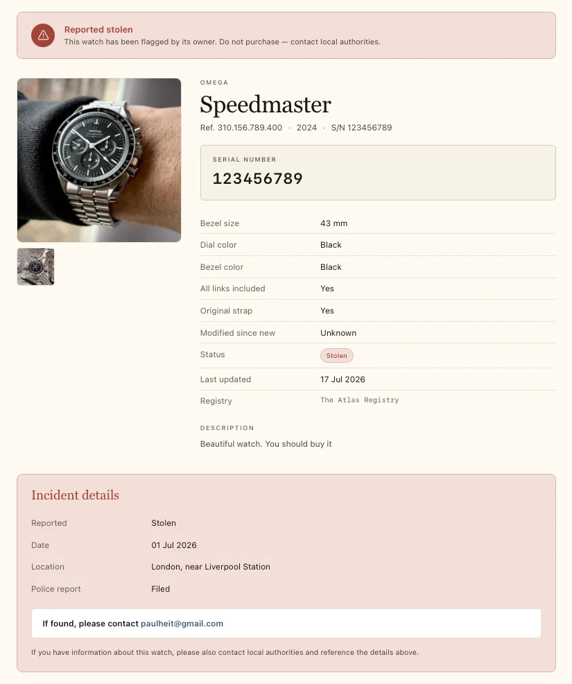 A public stolen-watch alert with the serial number prominent
