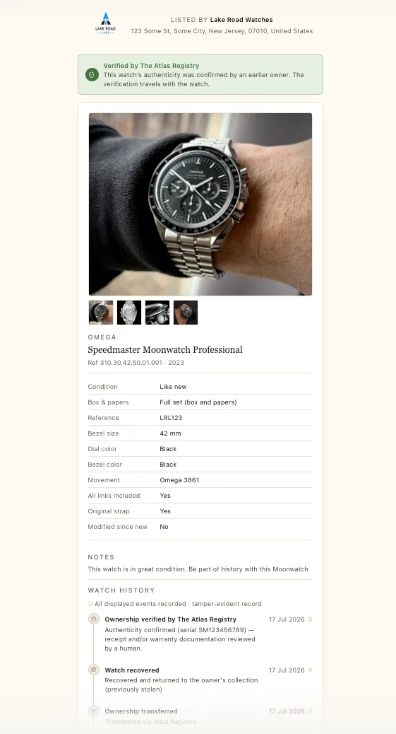A branded, buyer-facing watch page with sealed service history
