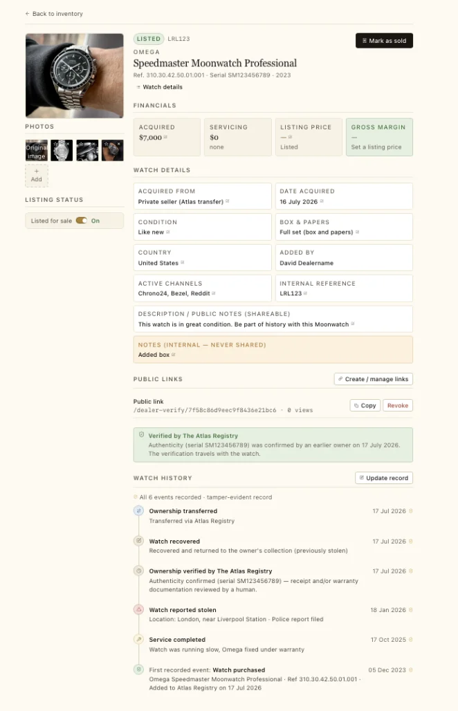 A dealer watch-details record showing specs, pricing, and service history