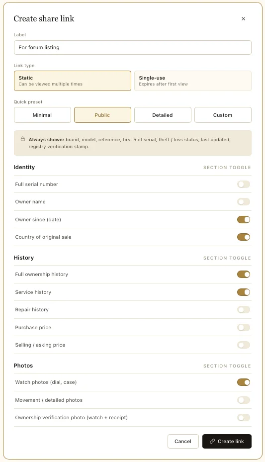 The share-link configurator with its privacy toggles